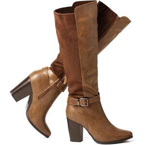 Women's Heeled Brown Knee High Boots Zip Up Chunky Heel Tall Boots for Womens
